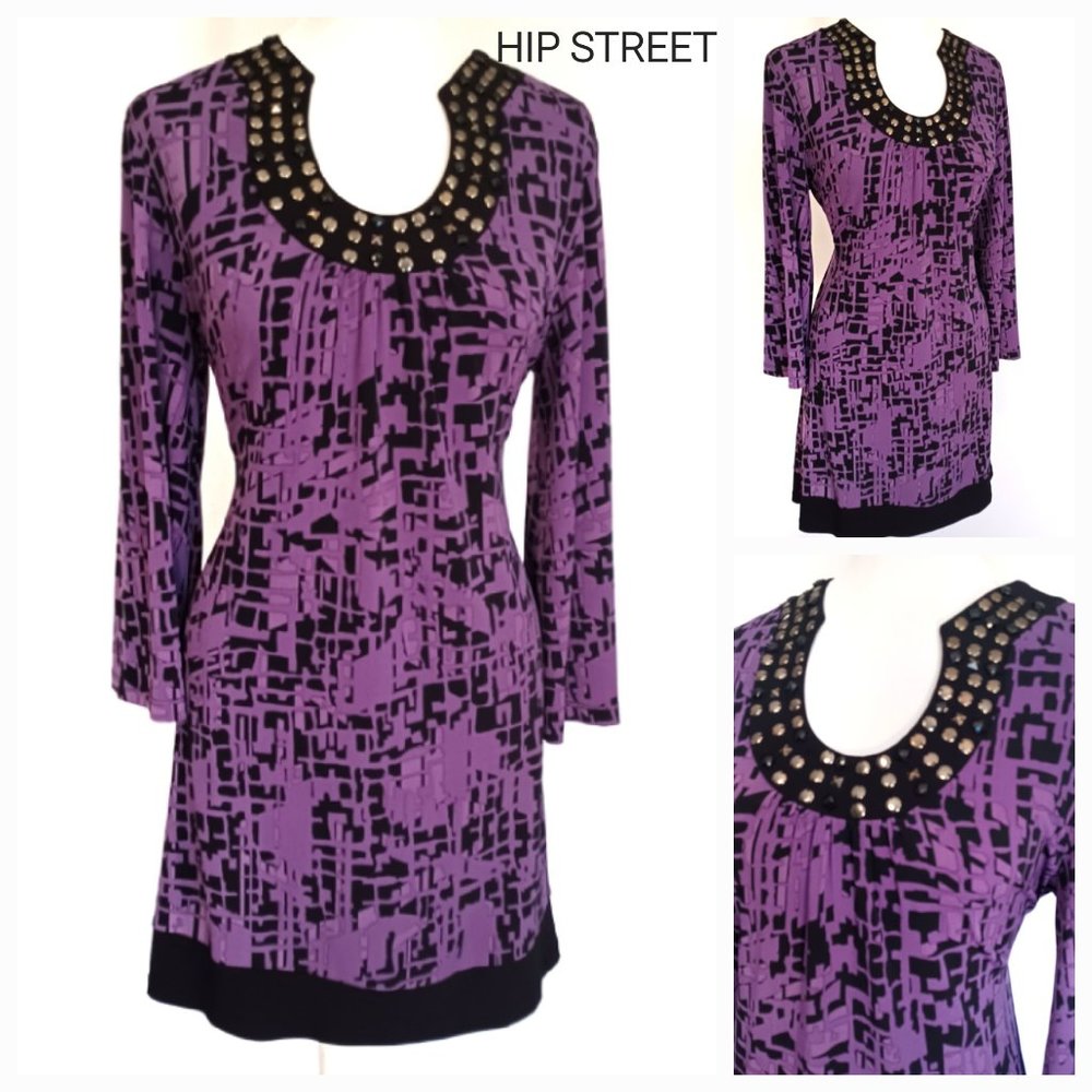 APT 9 Metal Bead Horseshoe Neck Stretch Purple Print LS Dress M